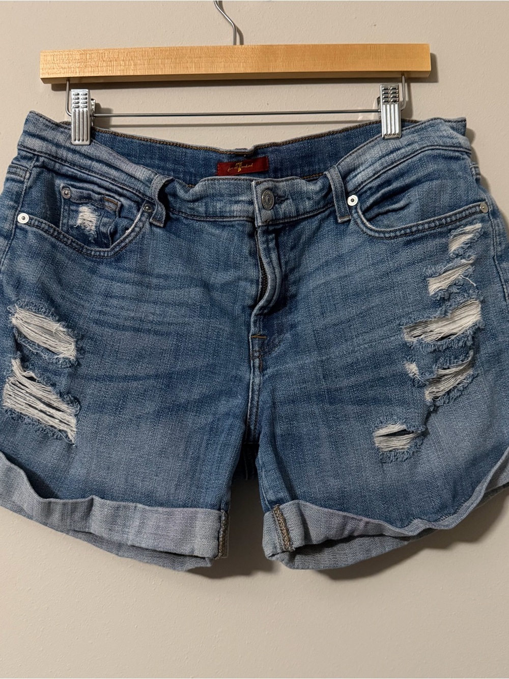 7 For All Mankind Distressed Light Blue Denim Jean Shorts